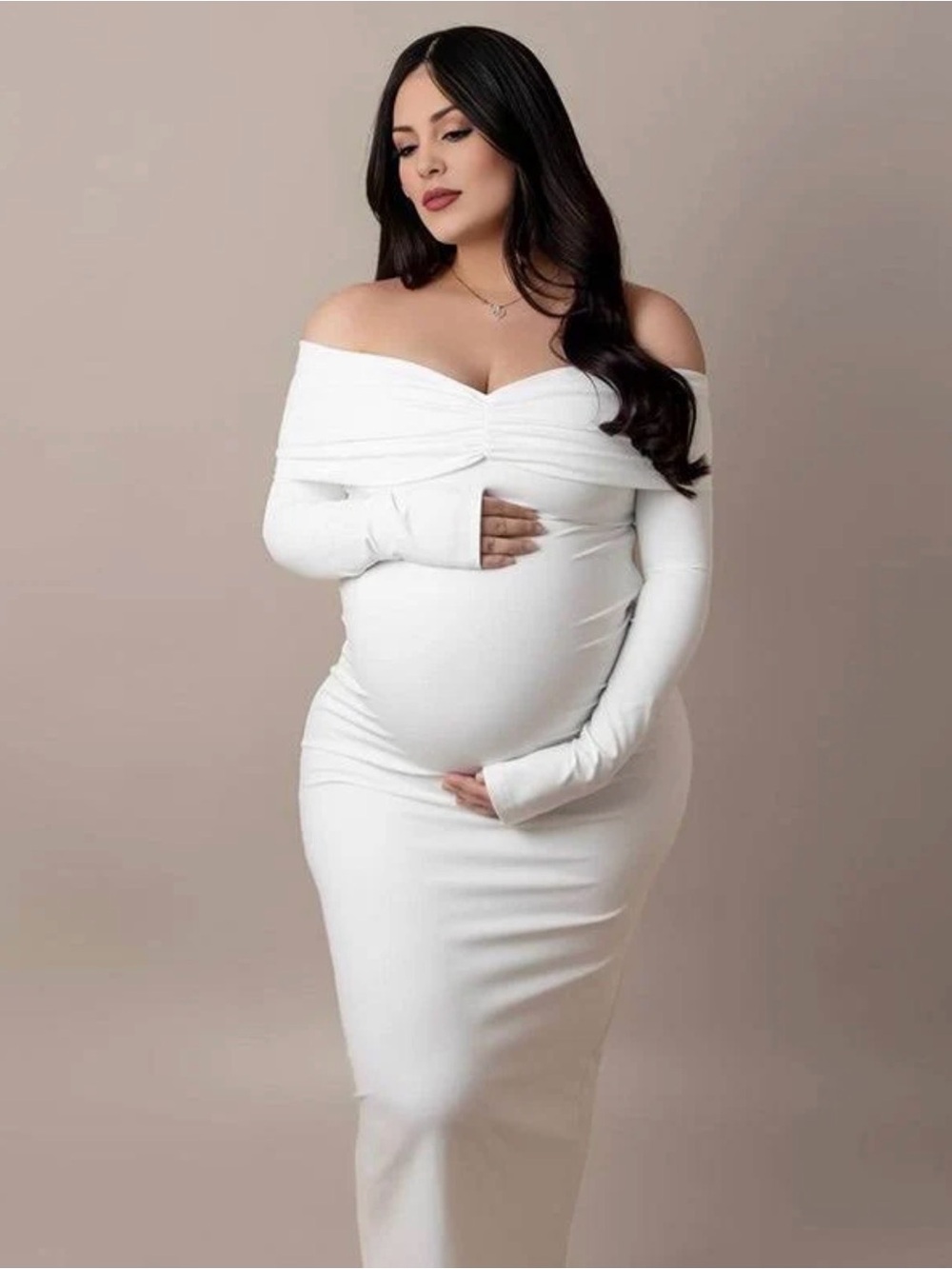 Off-Shoulder Long Sleeve Maternity Maxi Dress in White Momyknows BNWT